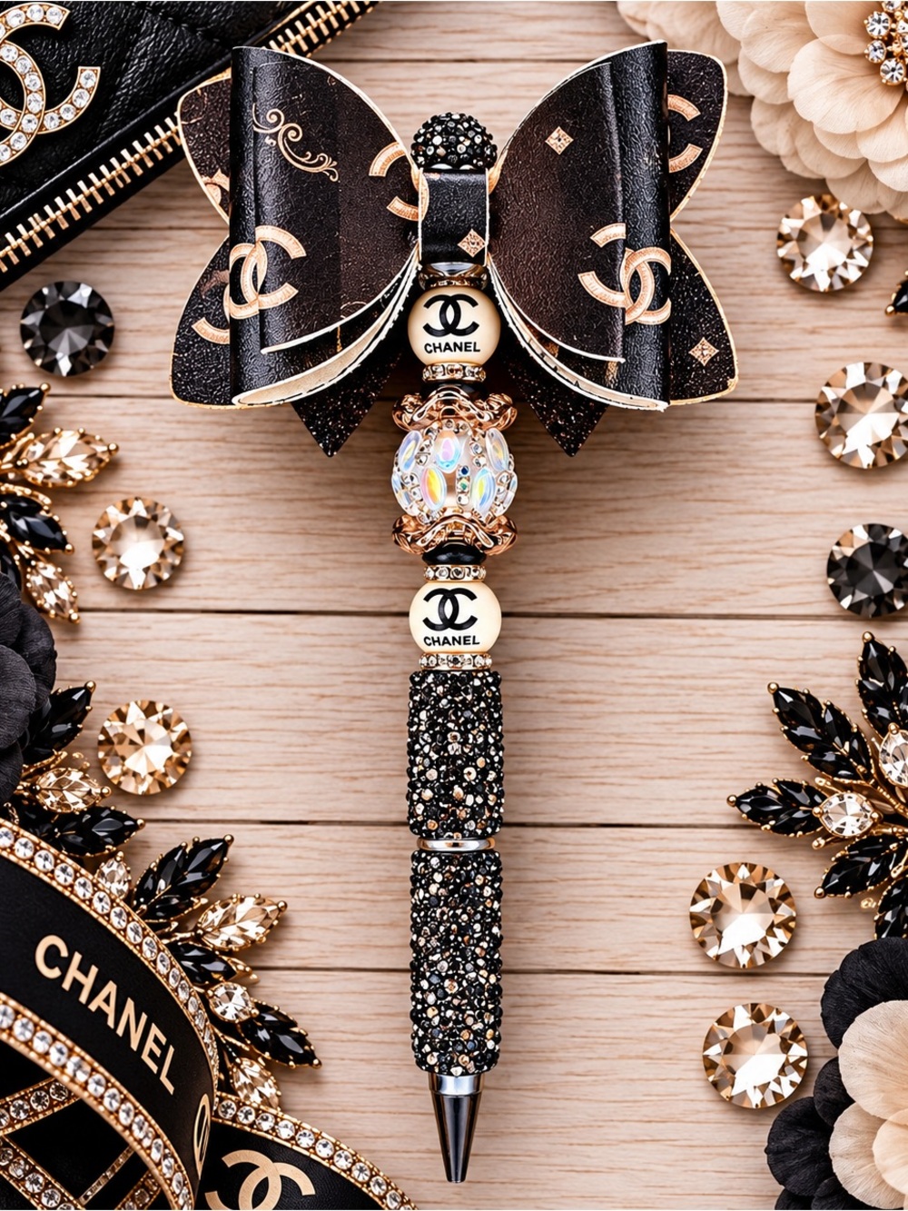 Fashion CC Black & Tan Rhinestone Beaded Twist Pen